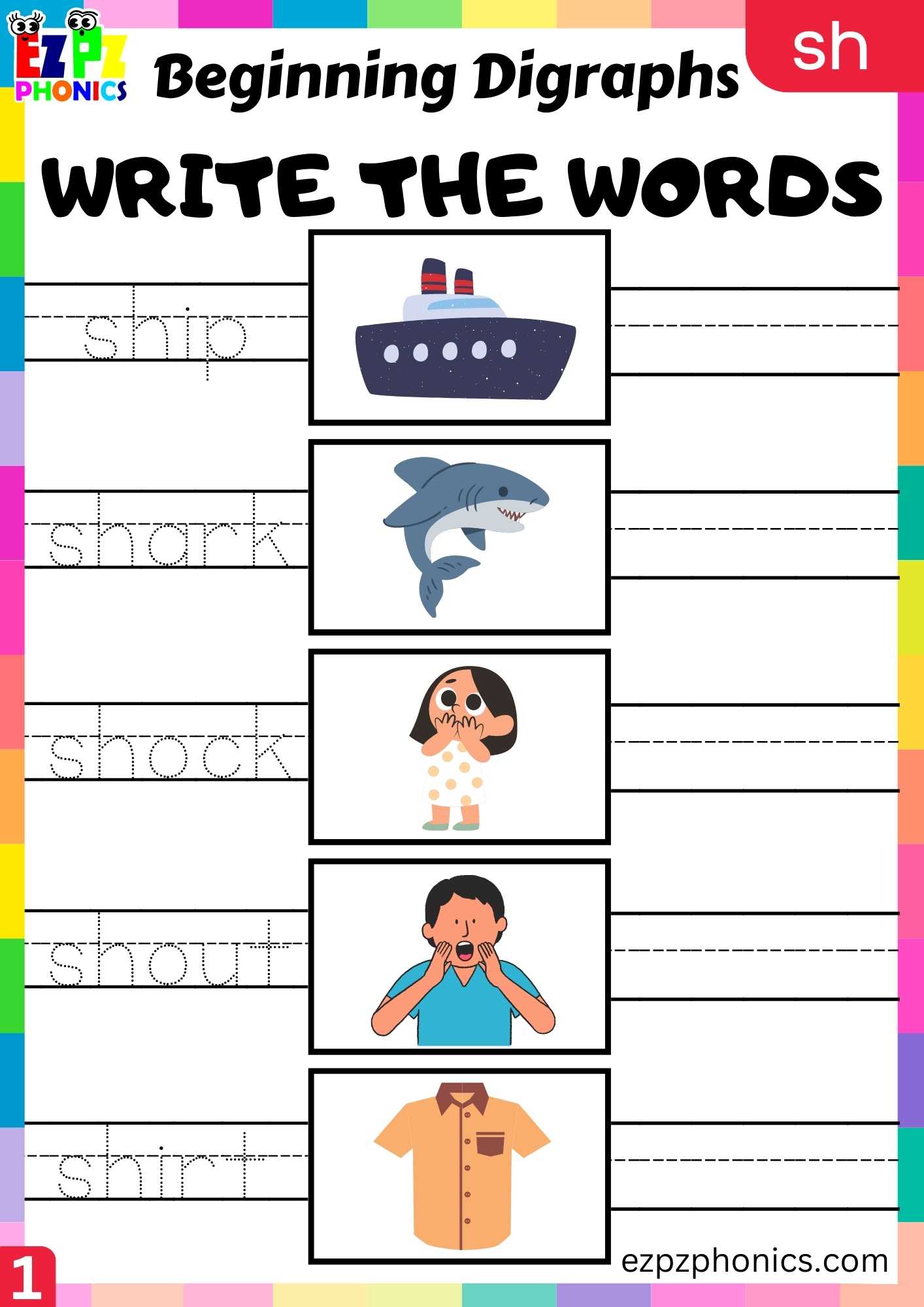 Group1 SH Words Write The Words Consonant Digraphs Phonics Beginning Worksheet